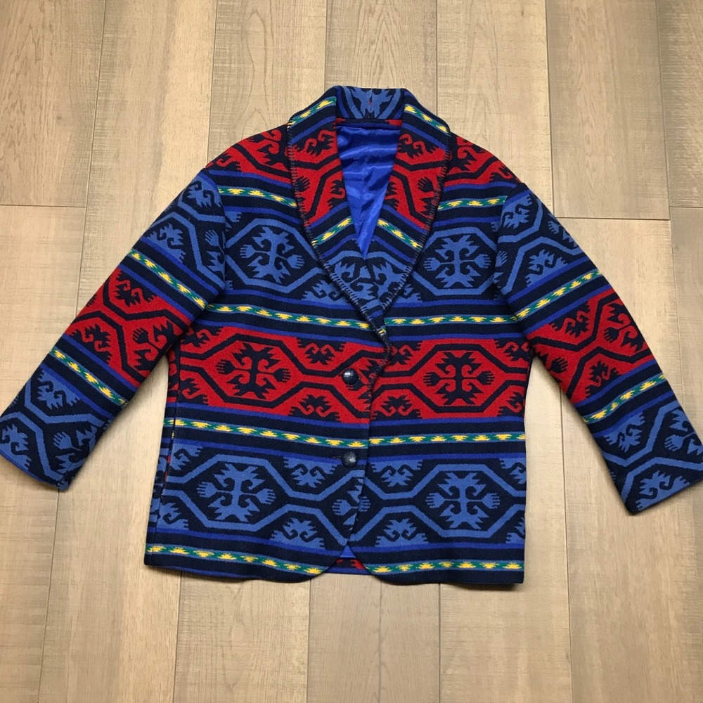 VTG Pendelton Jacket Womens M Blue‎ Knockabouts Southwestern Aztec Wool Navajo